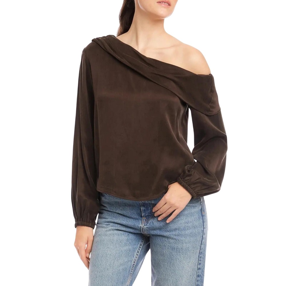 $236 FIFTEEN TWENTY Marisa Brown One Shoulder Draped Blouse SIZE M Designer Top